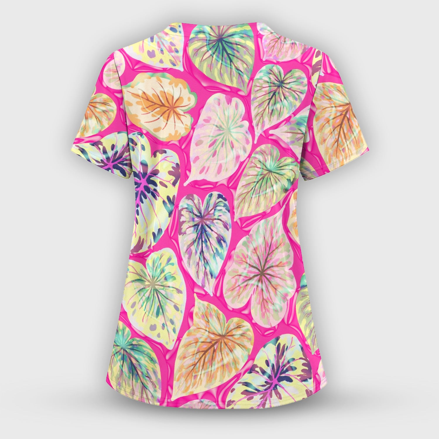 Tropical Colorful Shaped Leaf Nurse Pattern Scrub Top, Breathable Medical Scrubs