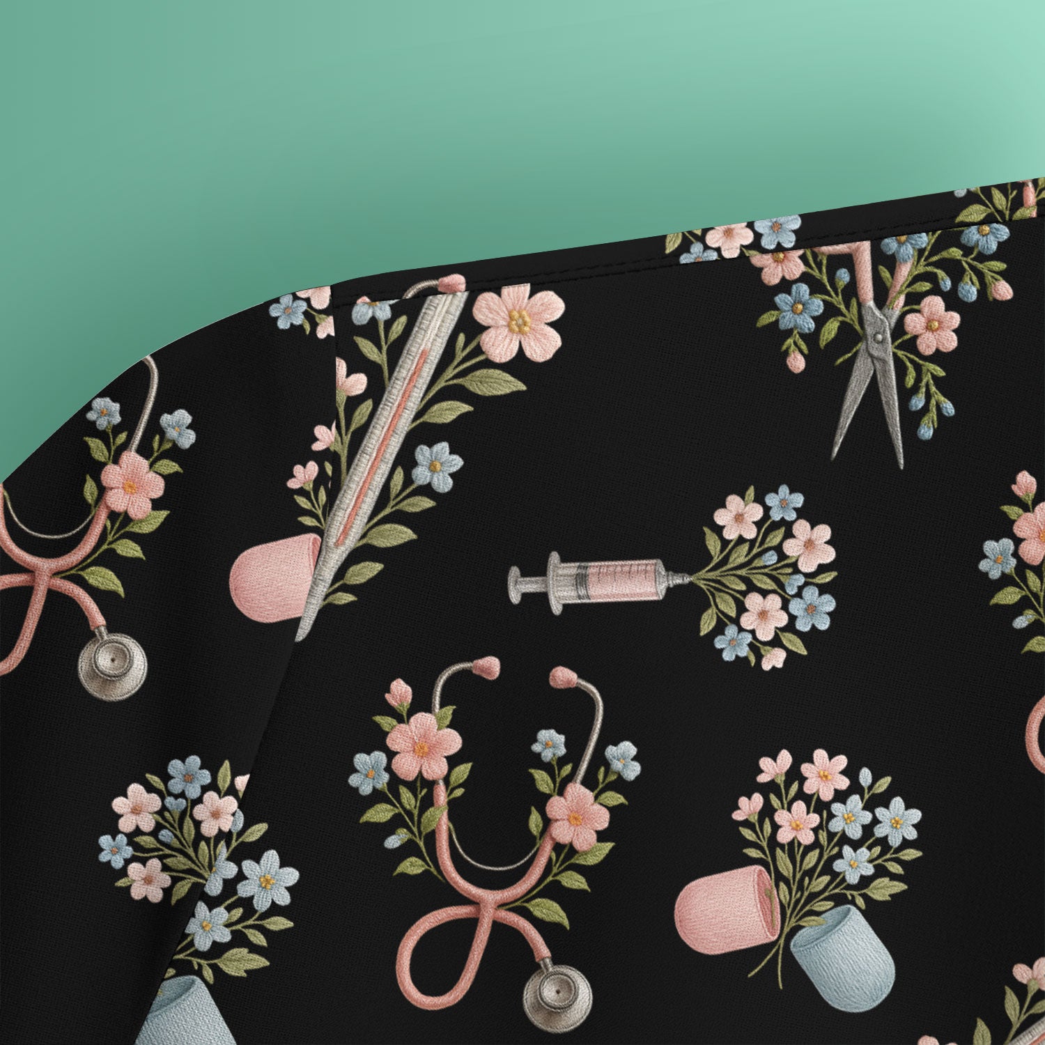 Floral Medical Scrub Top, Elegant Stethoscope With Flower Nursing Shirt, Breathable Fabrics Nurse Uniform