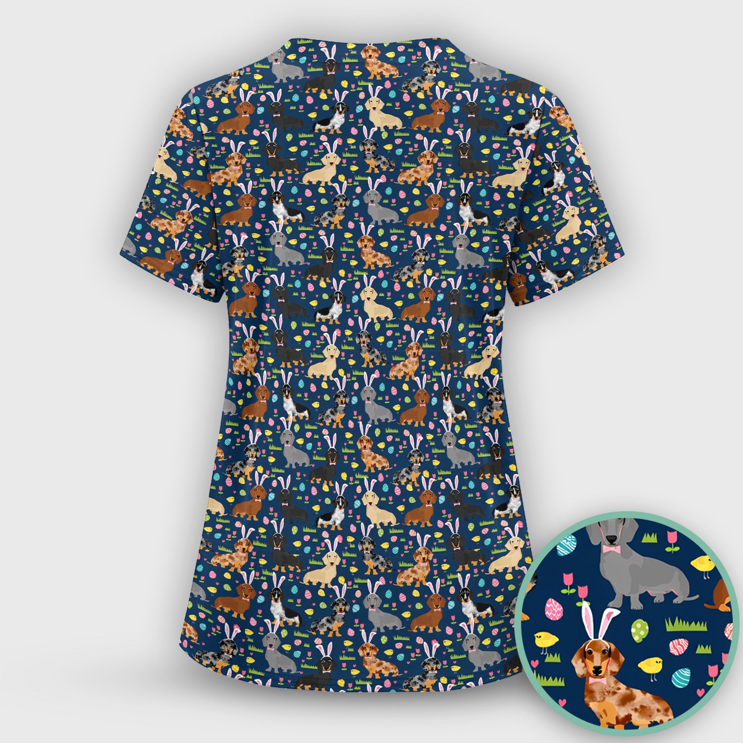 Easter Dachshund Dog Pattern Scrub Top, Comfortable Scrubs for Nurses