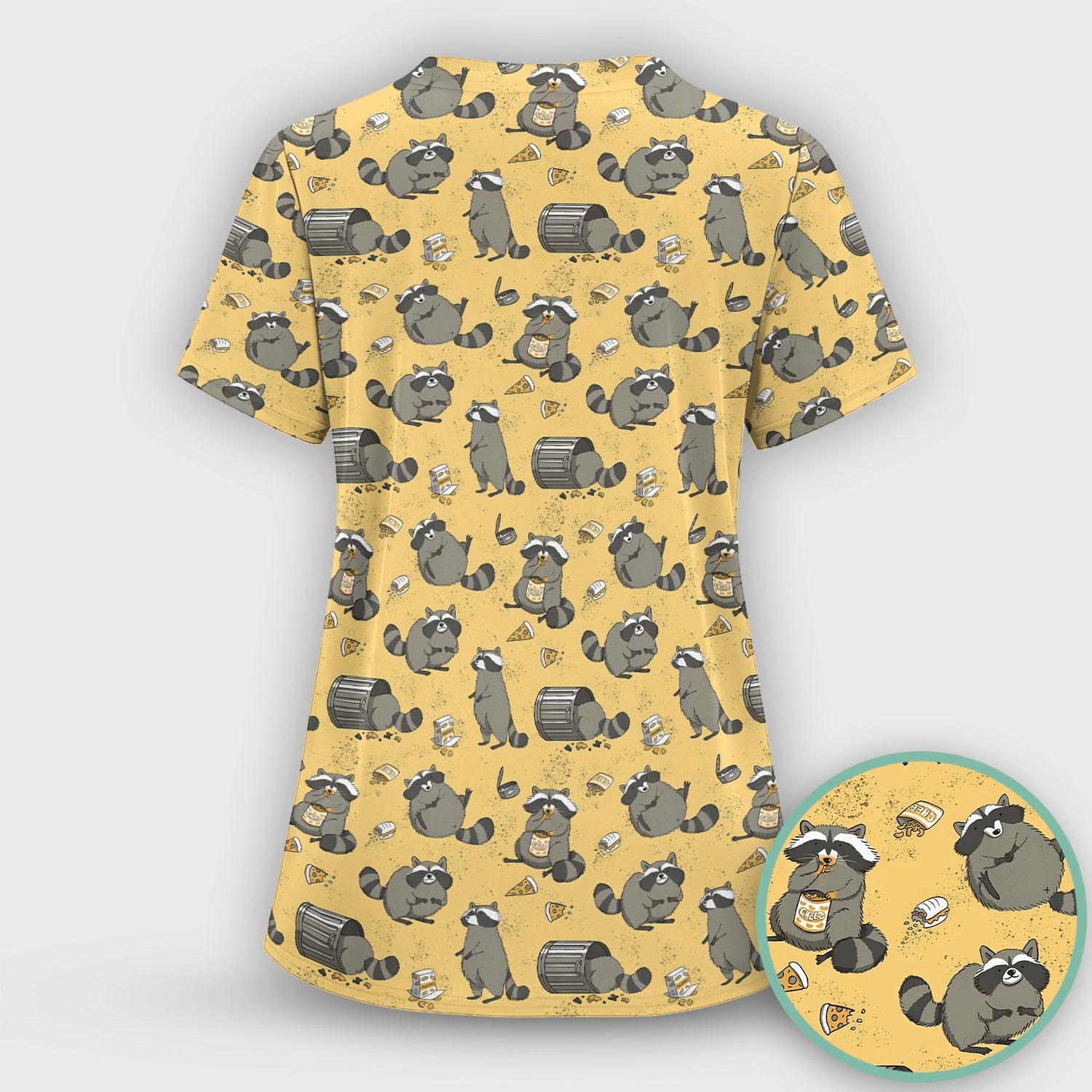 Raccoon Snack And Trash Can Pattern Scrub Set, Breathable Med Uniform
