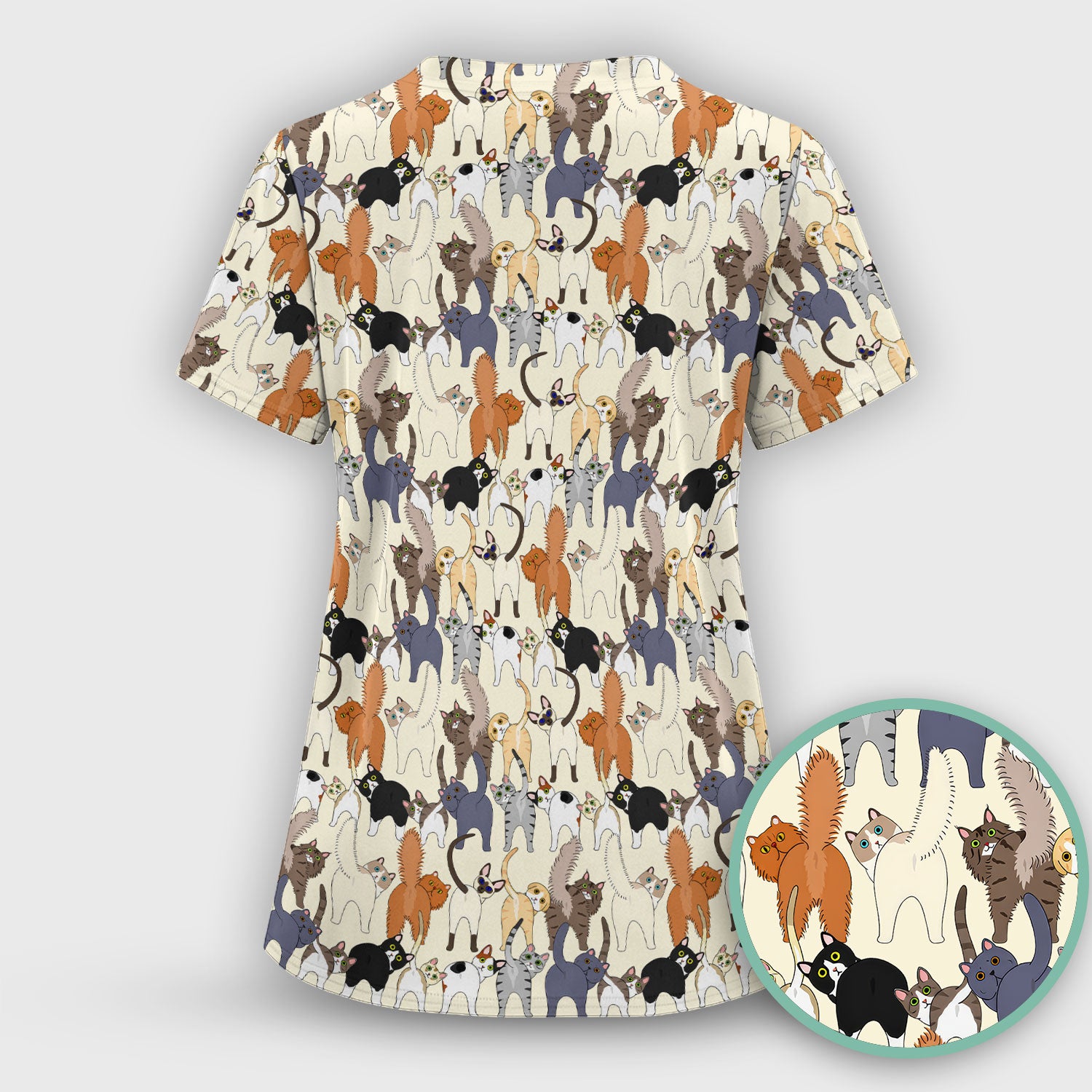 Whimsical Multicolor Cat Cartoon Pattern Scrub Top, Comfortable Scrubs for Nurses