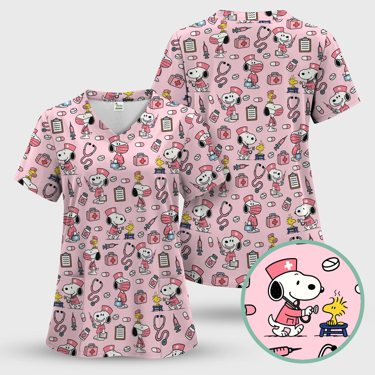 Pink Snoopy Nurse Scrub Set - Cute Cartoon Dog Pattern Top and Pants - Fun Nursing Gift for RN LPN CNA Women