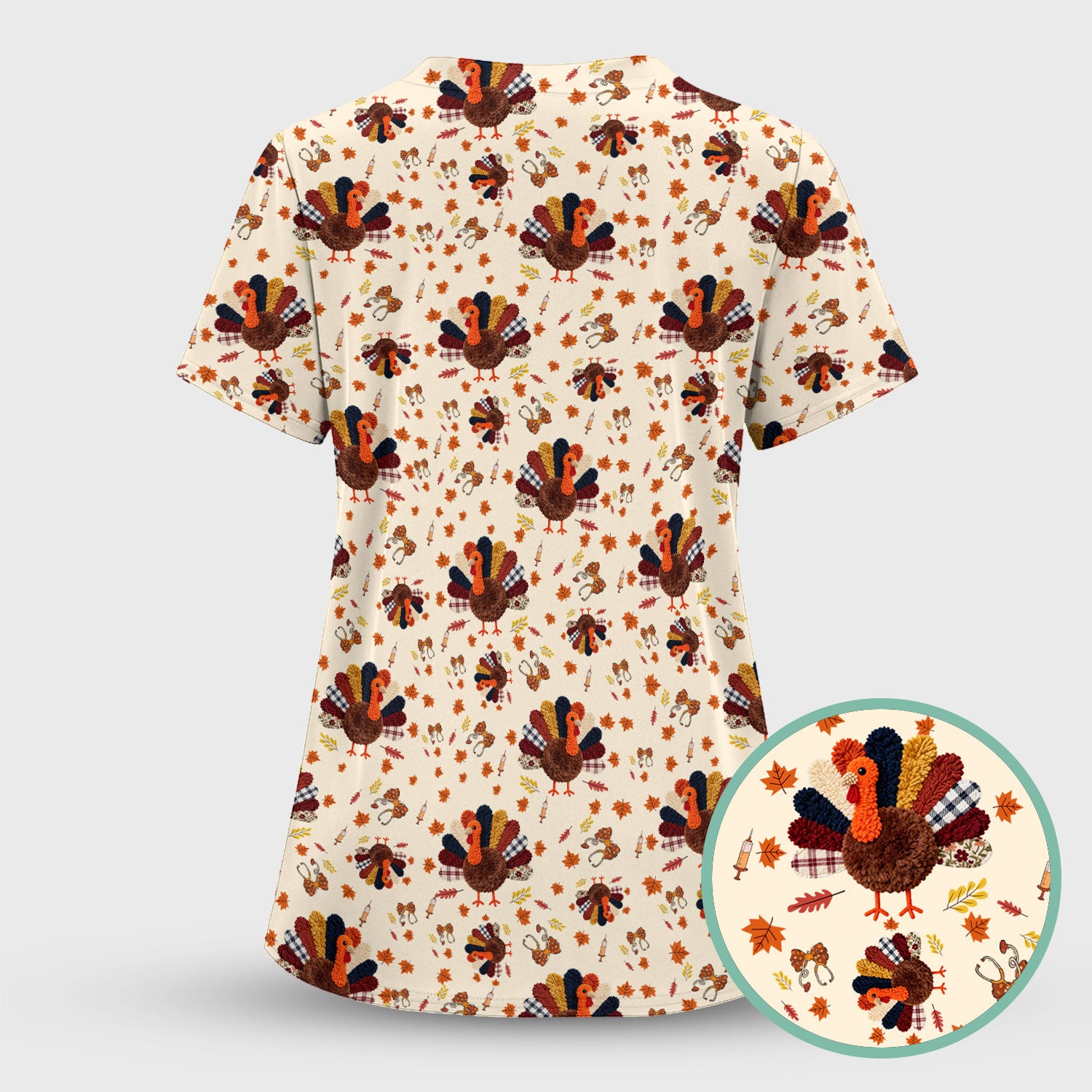 Funny Thanksgiving Nurse Scrub Top - Fall Leaves and Pumpkin Shirt - Autumn Turkey Med Uniform Gift for RN CNA LPN