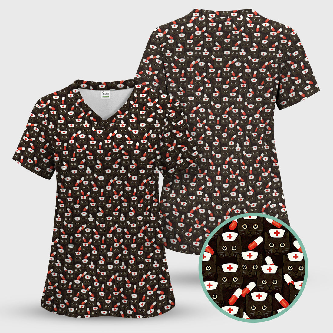 Medical Scrub Top for Women - Funny Nurse Cat Print with Pills Design - Gift for RN LPN CNA Women Healthcare Staff