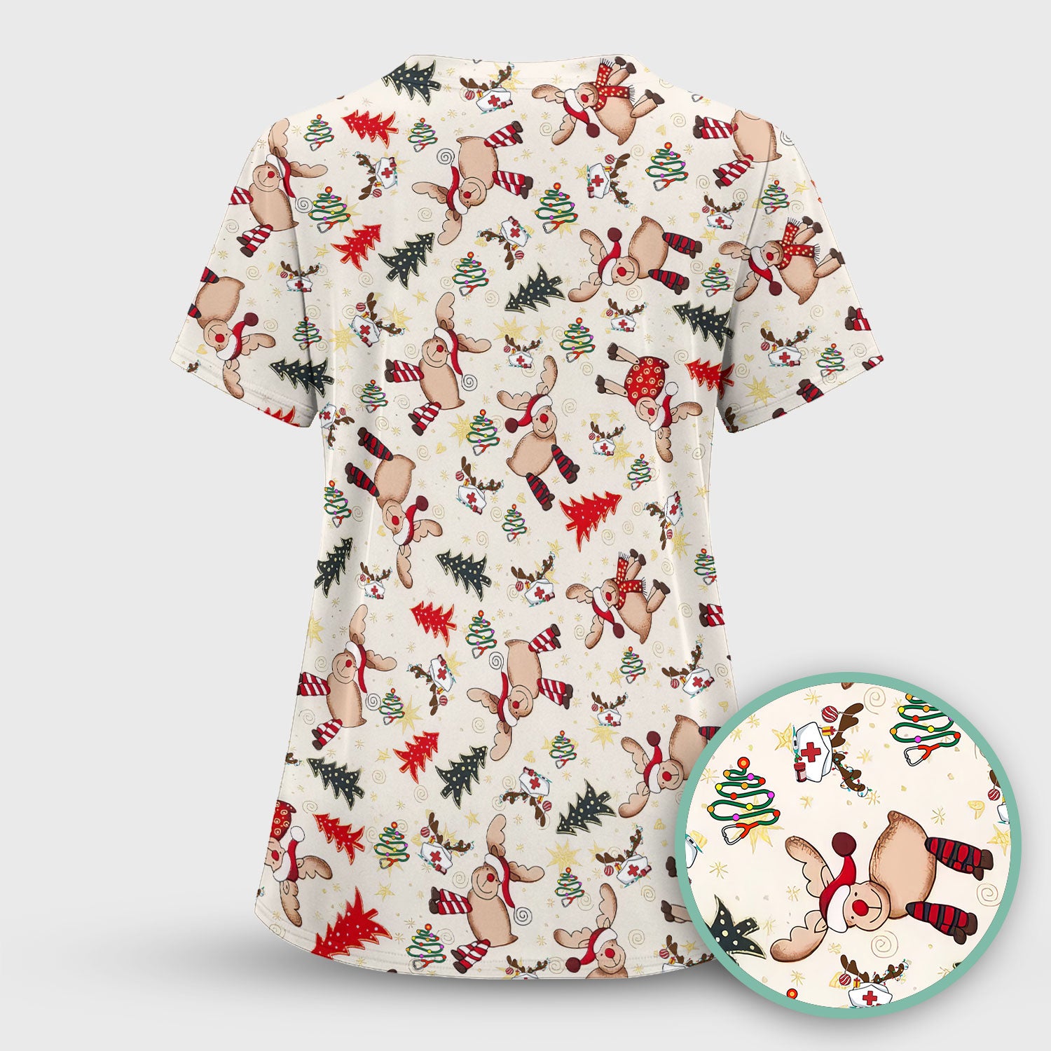 Cute Reindeer Christmas Nurse Scrub Top - Festive Holiday Medical Shirt - Comfortable Scrubs for Women RN CNA LPN