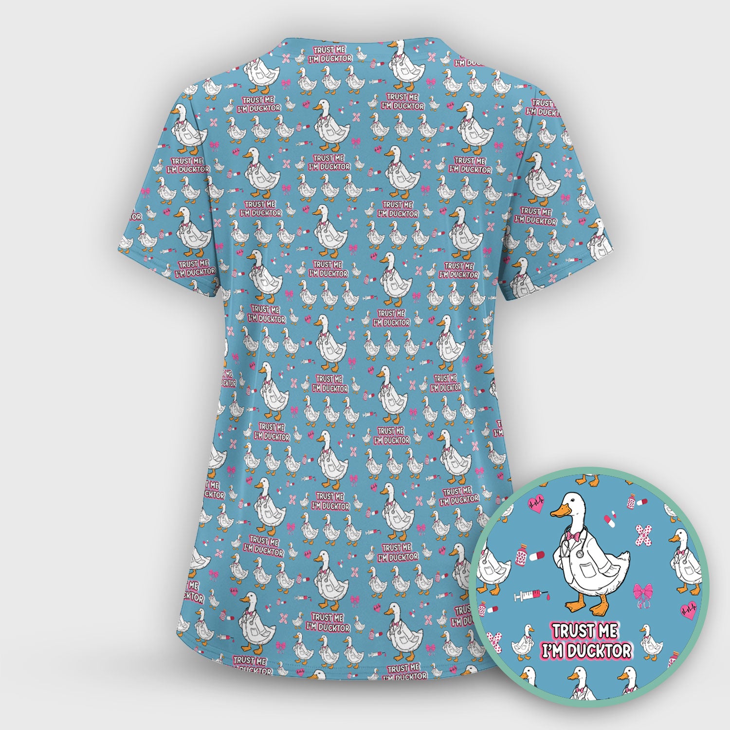 Trust Me I'm Ducktor Scrub Top, Funny Duck Pattern Scrub Shirt, Breathable Fabrics Nursing Uniform For Women