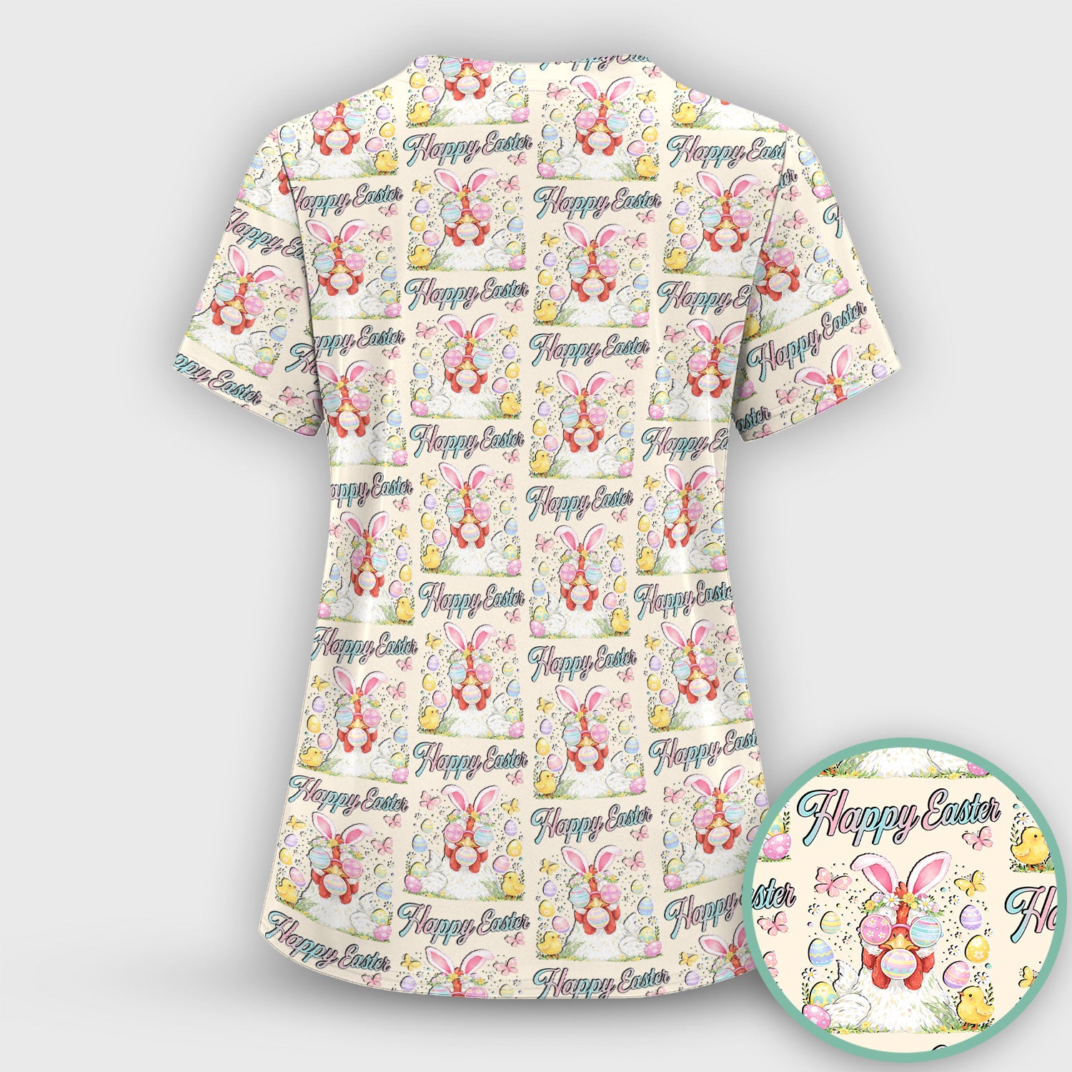 Happy Easter Bunny Eggs Pattern Scrub Top, Comfortable Scrubs for Nurses
