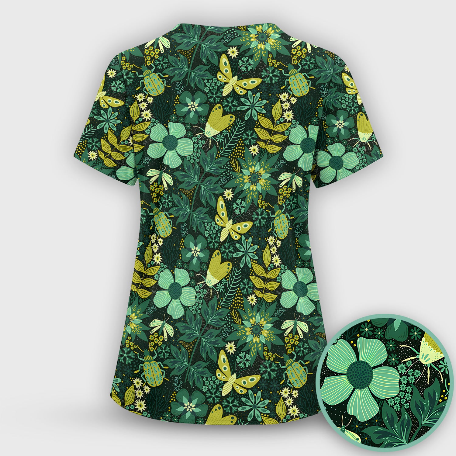 Green Botanical Butterfly Pattern Scrub Set, Scrub Pants and V Neck Top