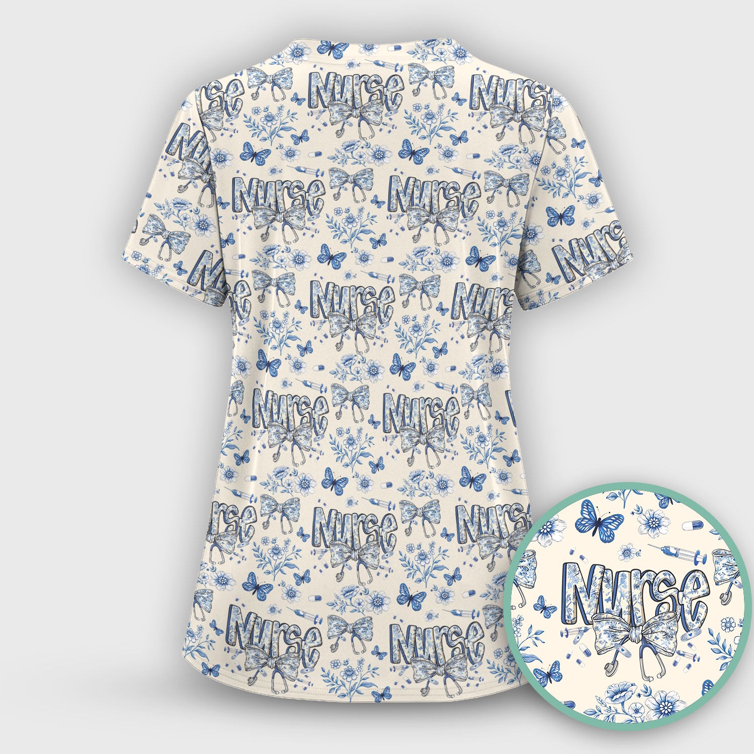 Blue Nurse Letter Bow Butterfly Floral Print Scrub Top, Comfortable Scrubs for Nurses