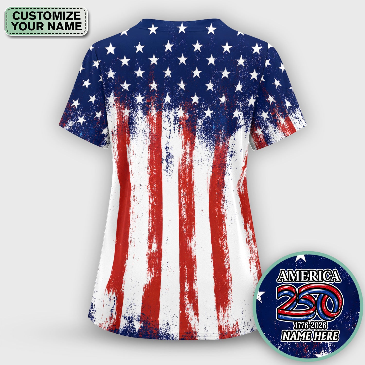 Personalized Patriotic Eagle Flag Pattern Scrub Set, Scrub Pants and V Neck Top