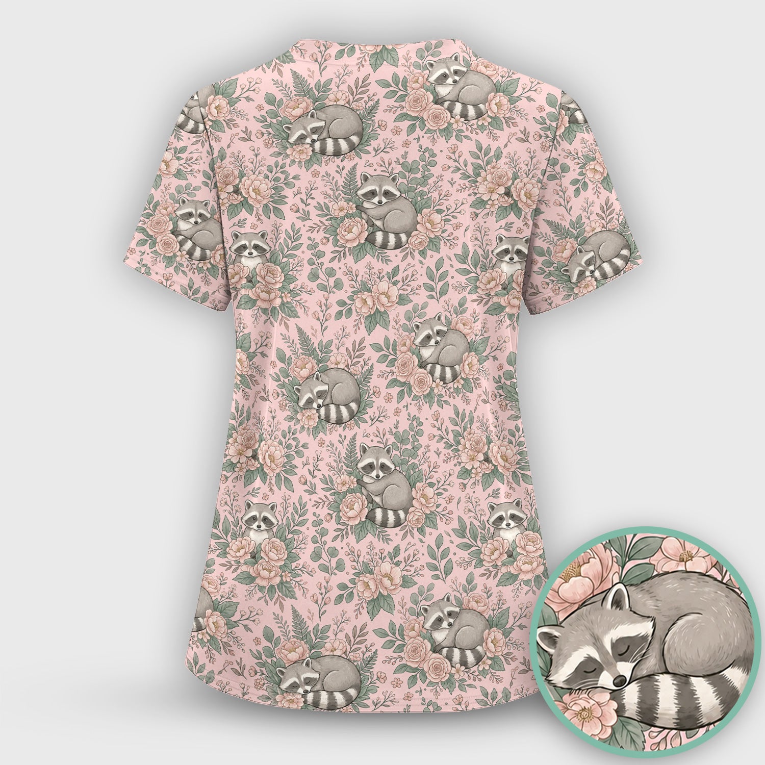 Sleeping Raccoon Rose Garden Pattern Scrub Set, Scrub Pants and V Neck Top