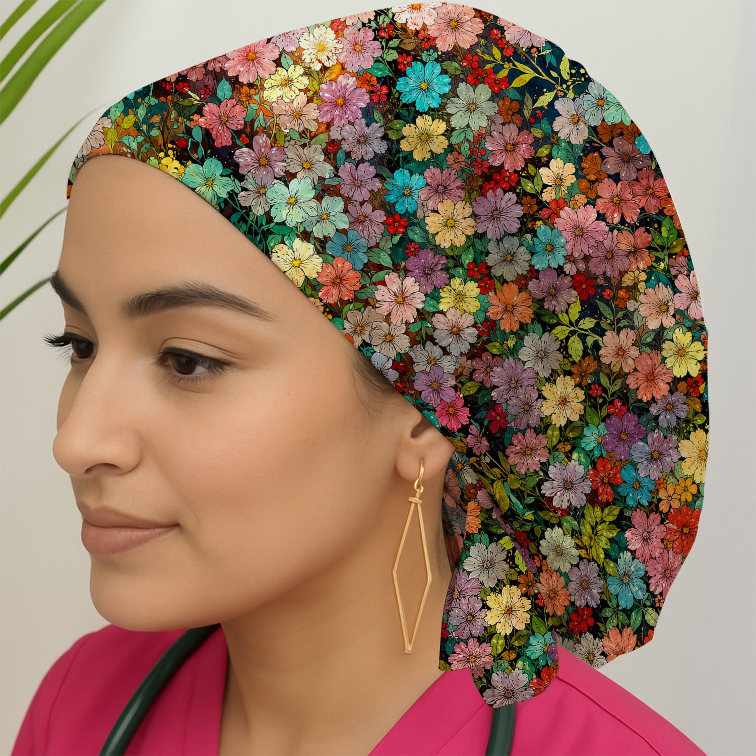 Colorful Wildflower Garden Bloom Pattern Scrub Cap, Surgical Caps for Doctors