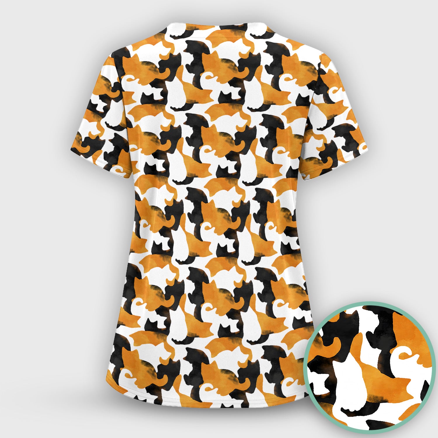 Calico Cat Silhouette Pattern Scrub Set, Scrub Pants and V Neck Top