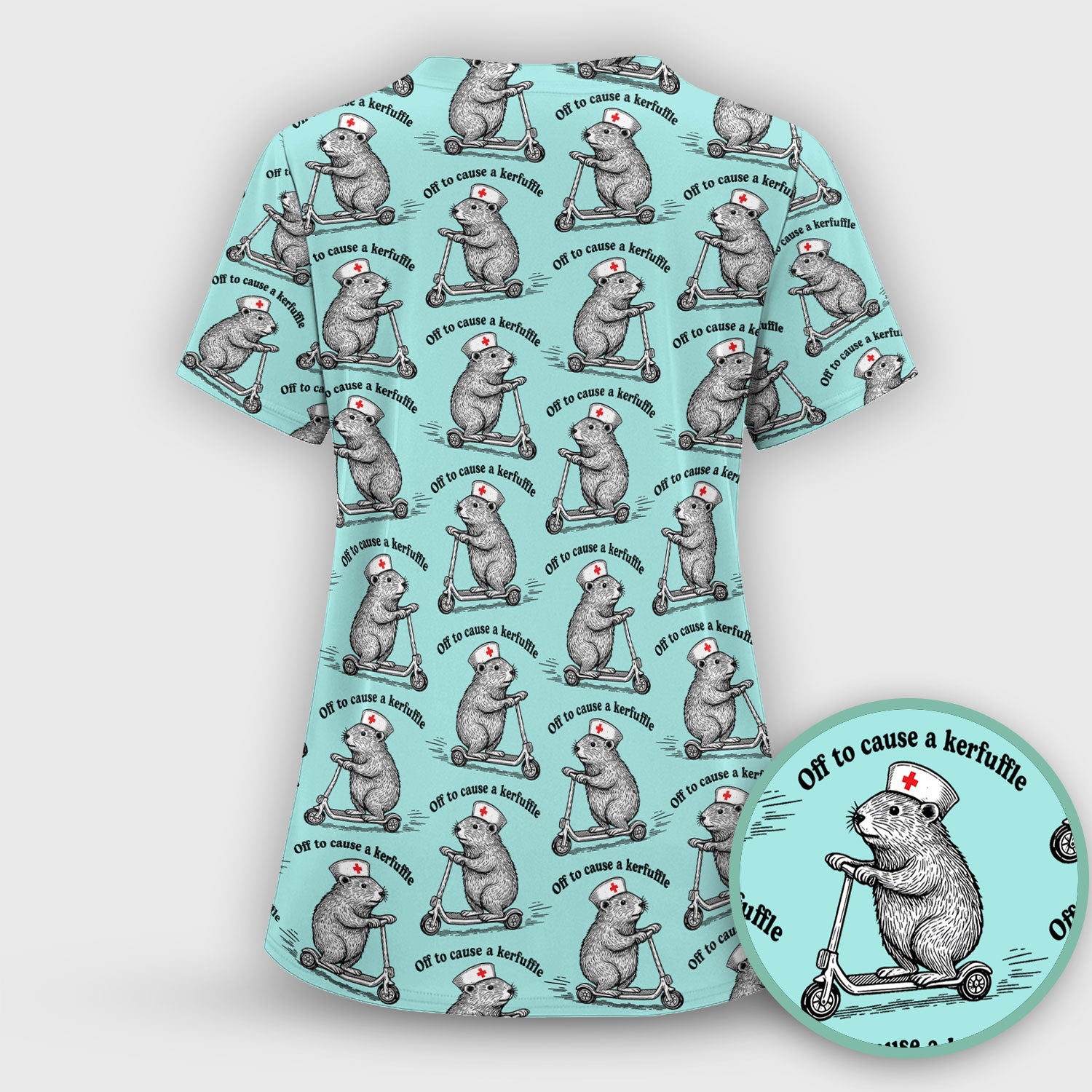 Funny Nurse Mouse Scooter Print Women's Scrub Set, Scrub Pants and V Neck Top