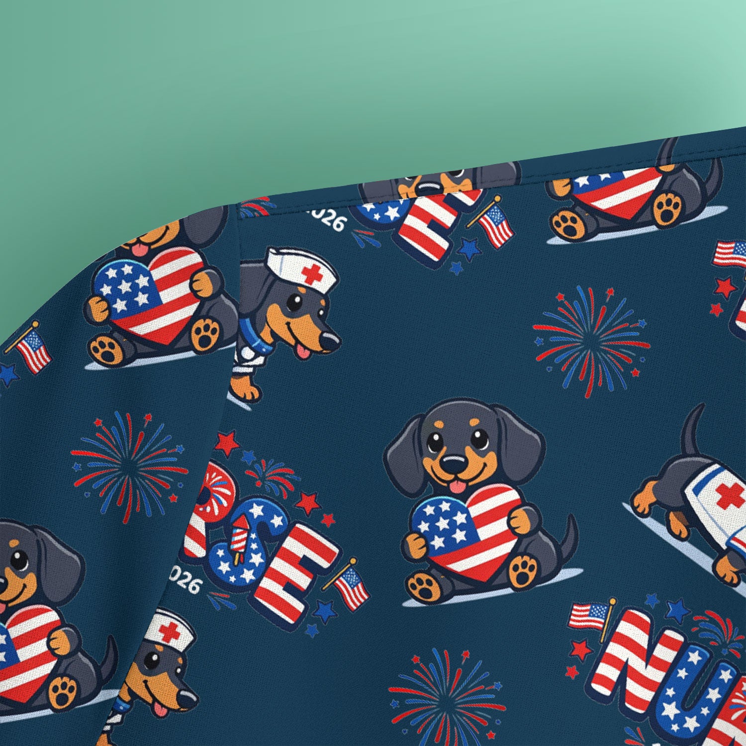 Proud Nurse Patriotic Dachshund Medical Firework Pattern Scrub Top, Comfortable Scrubs for Nurses