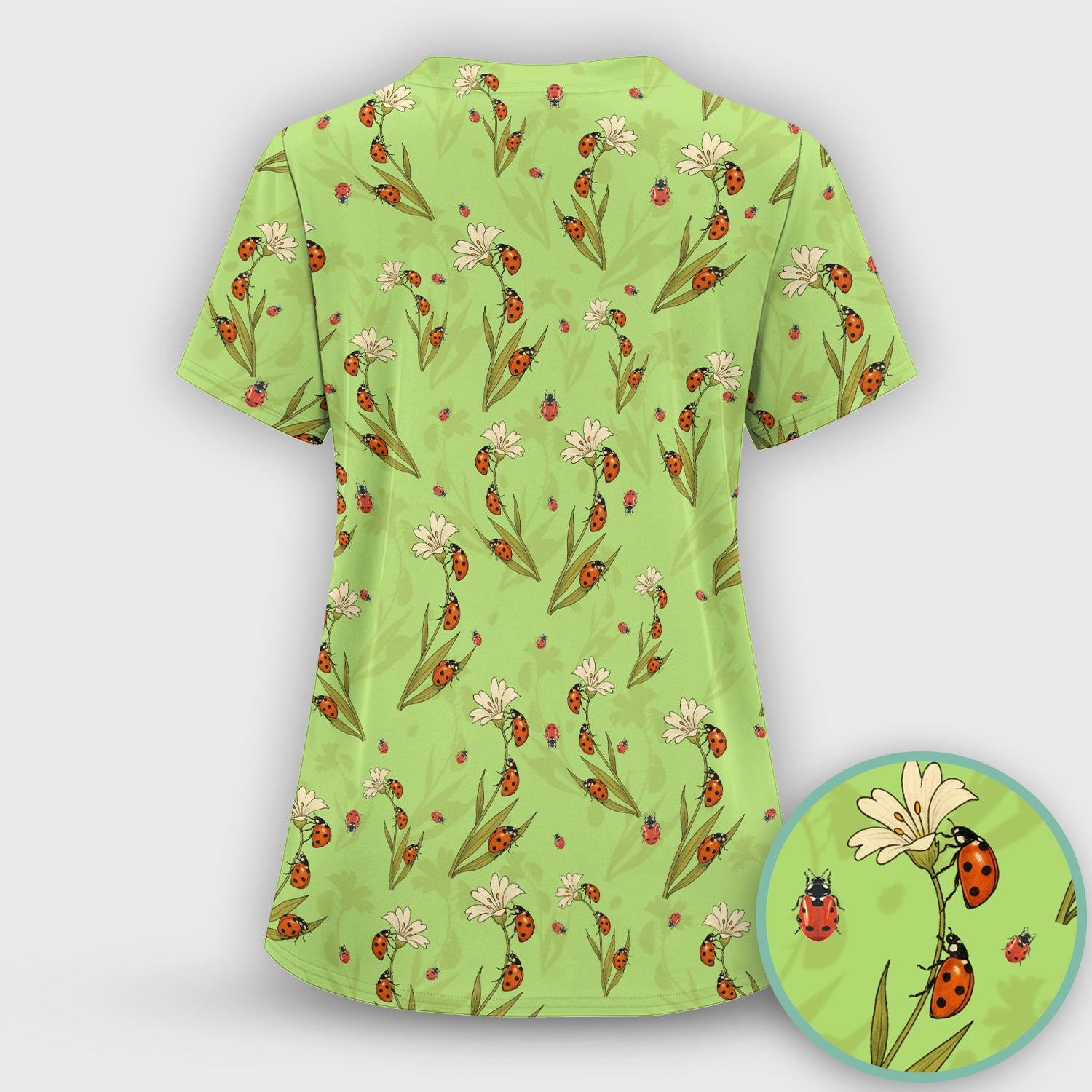 Fresh Daisy Ladybug Garden Pattern Scrub Top, Comfortable Scrubs For Nurses