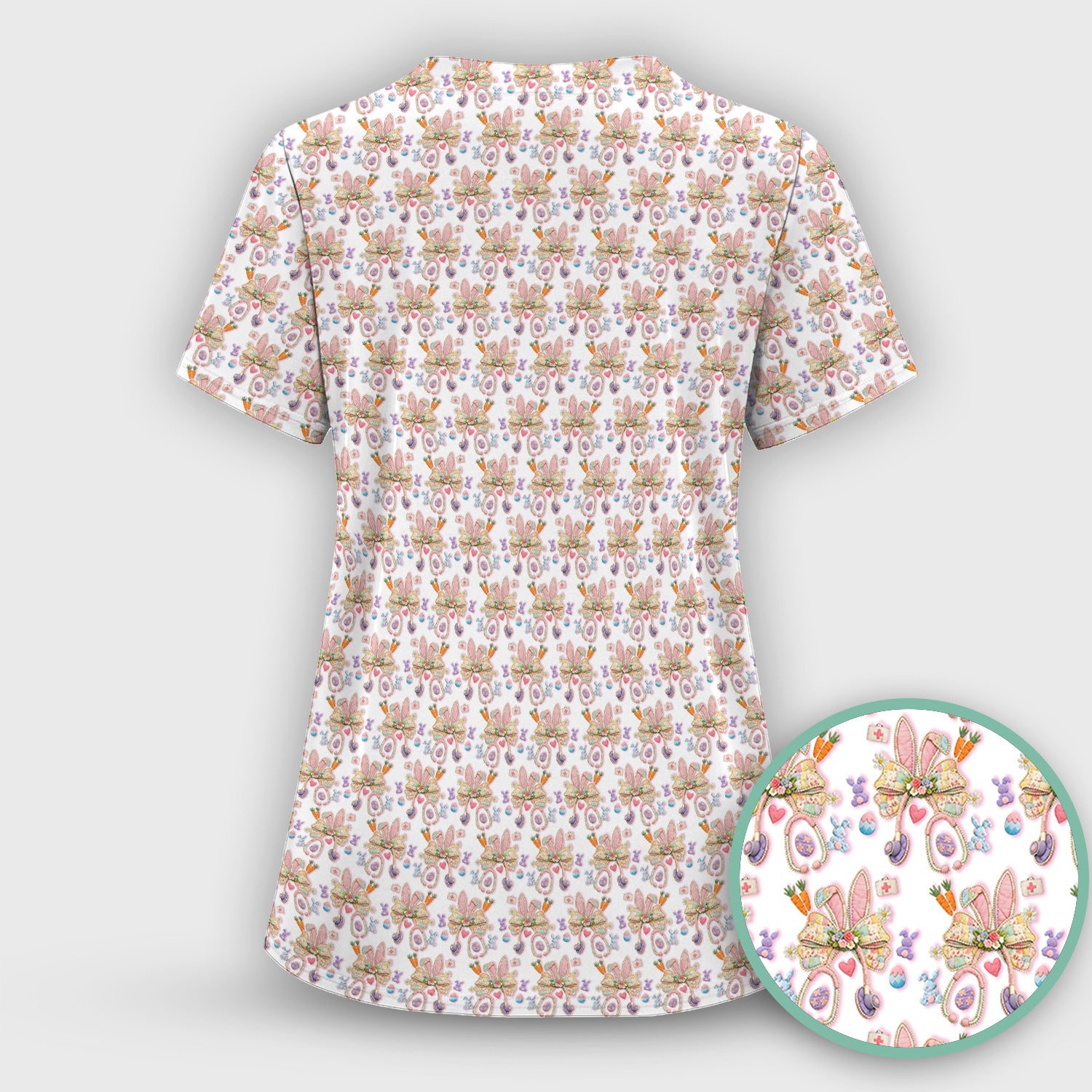 Easter Bunny Stethoscope Pastel Print Scrub Top, Comfortable Scrubs for Nurses