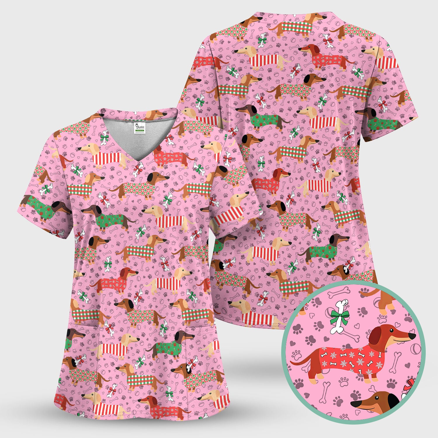 Christmas Sausage Dog Scrub Top - Festive Dachshund Holiday Nursing Shirt - Cute Puppy Lover Gift