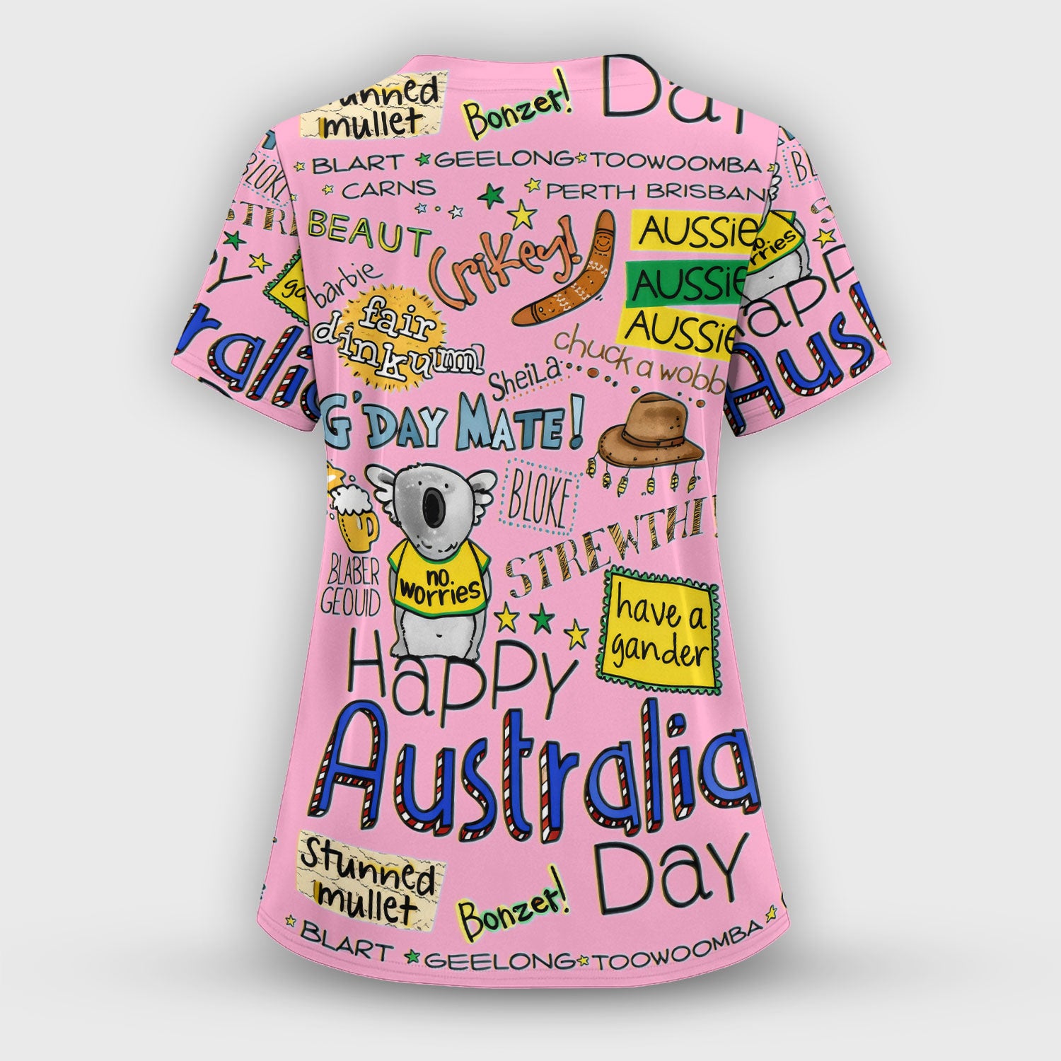 Cute Cartoon Koala Australia Pattern Scrub Top, Breathable Fabrics Nursing Uniform