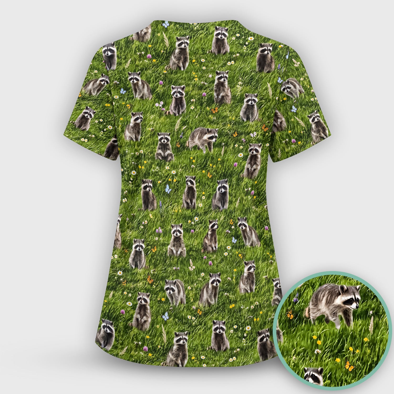 Raccoon Meadow Print Scrub Top, Comfortable Scrubs for Nurses