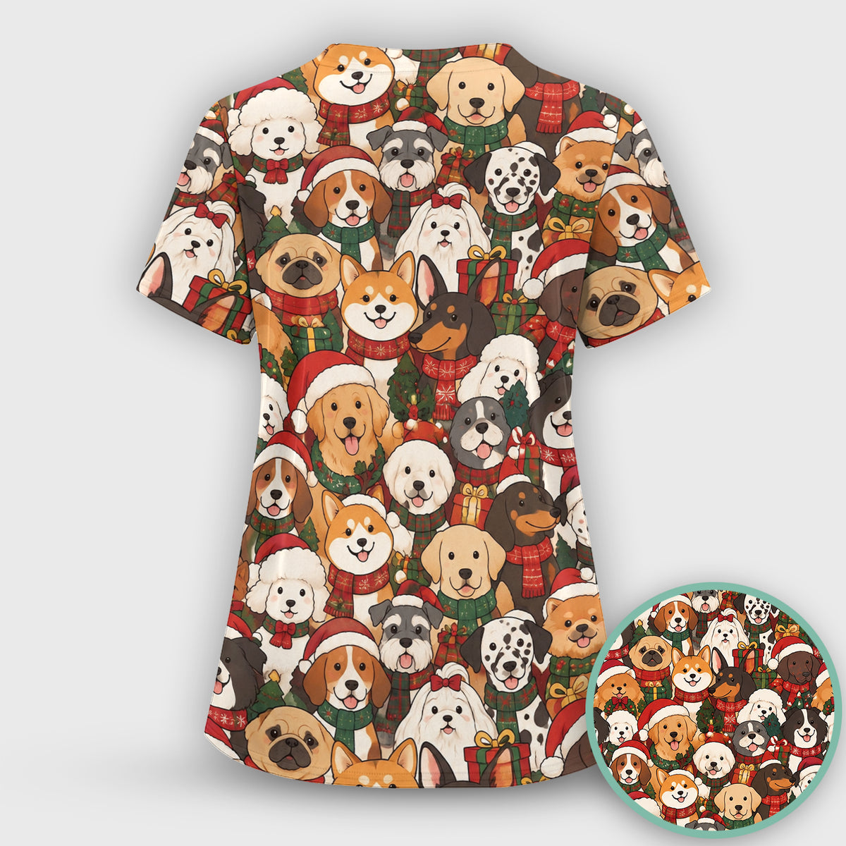 Christmas Dog Breeds Collage Pattern Scrub Set, Scrub Pants and V Neck Top