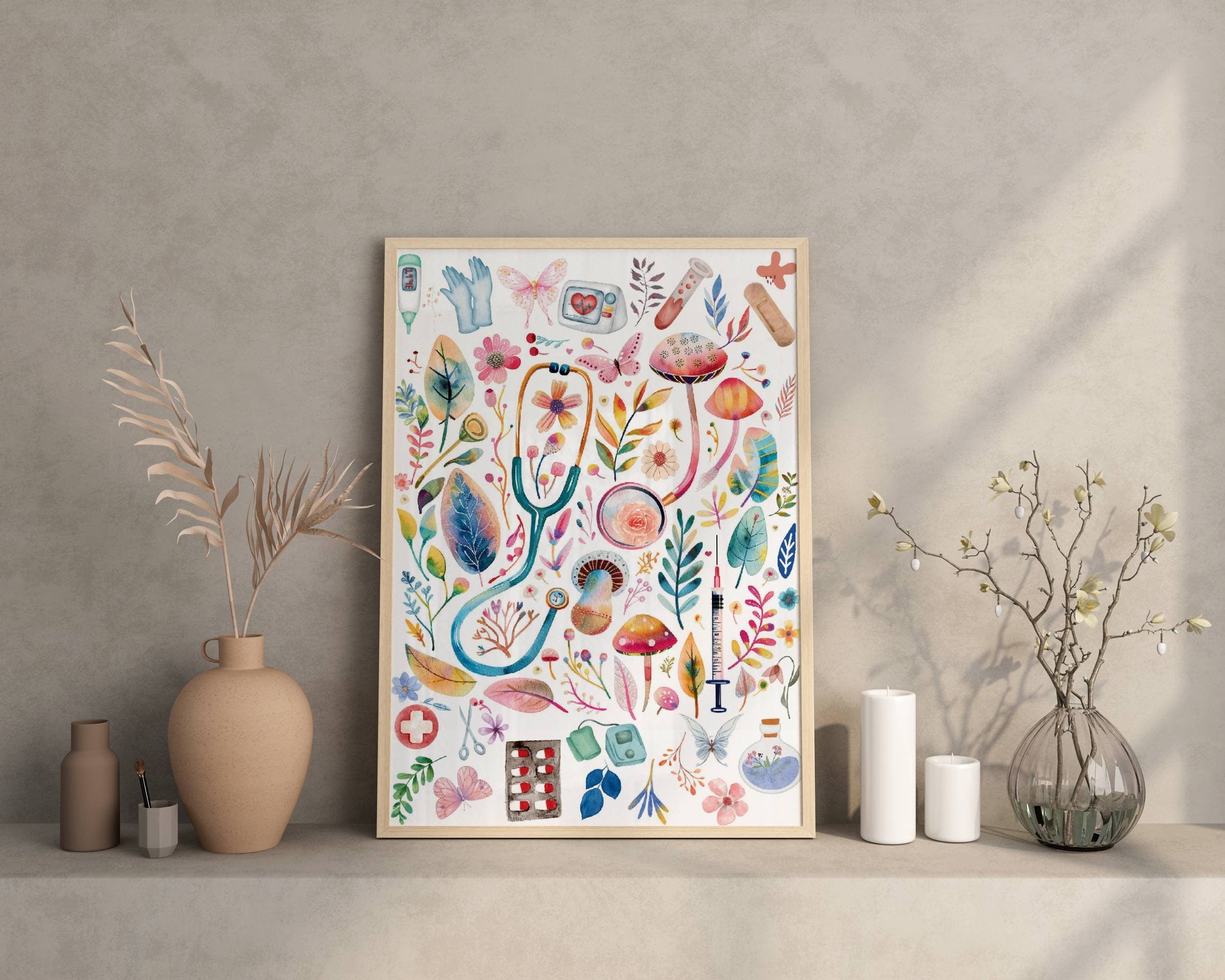 Watercolor Nurse Tools Garden Canvas Wall Art, Clinic Decor