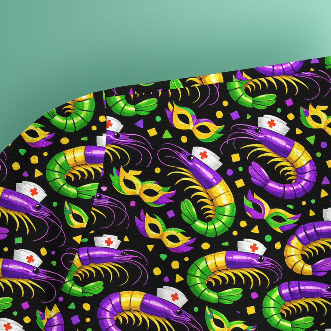 Mardi Gras Pattern Scrub Top, Crawfish Carnival Medical Nurse Scrub Shirt, Breathable Fabrics Nursing Uniform