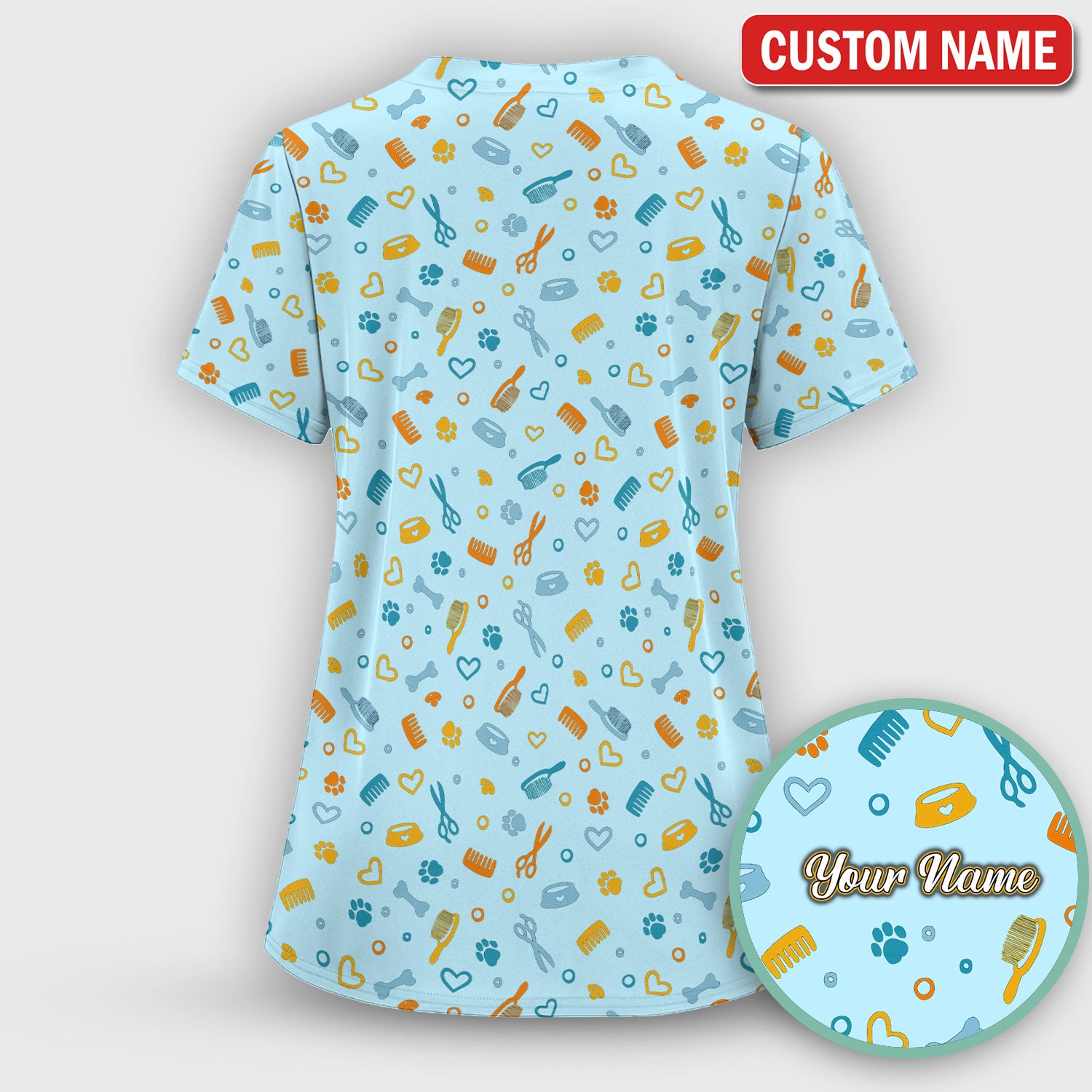 Custom Name Dog Cat Grooming Pattern Scrub Top, Breathable Fabrics Nursing Uniform