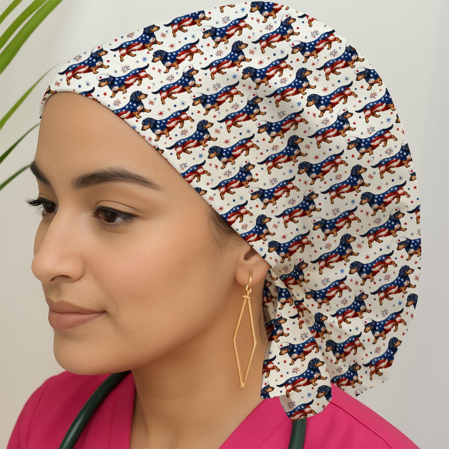 Patriotic Dachshund Dog American Flag Pattern Nurse Scrub Cap, Surgical Caps for Doctors