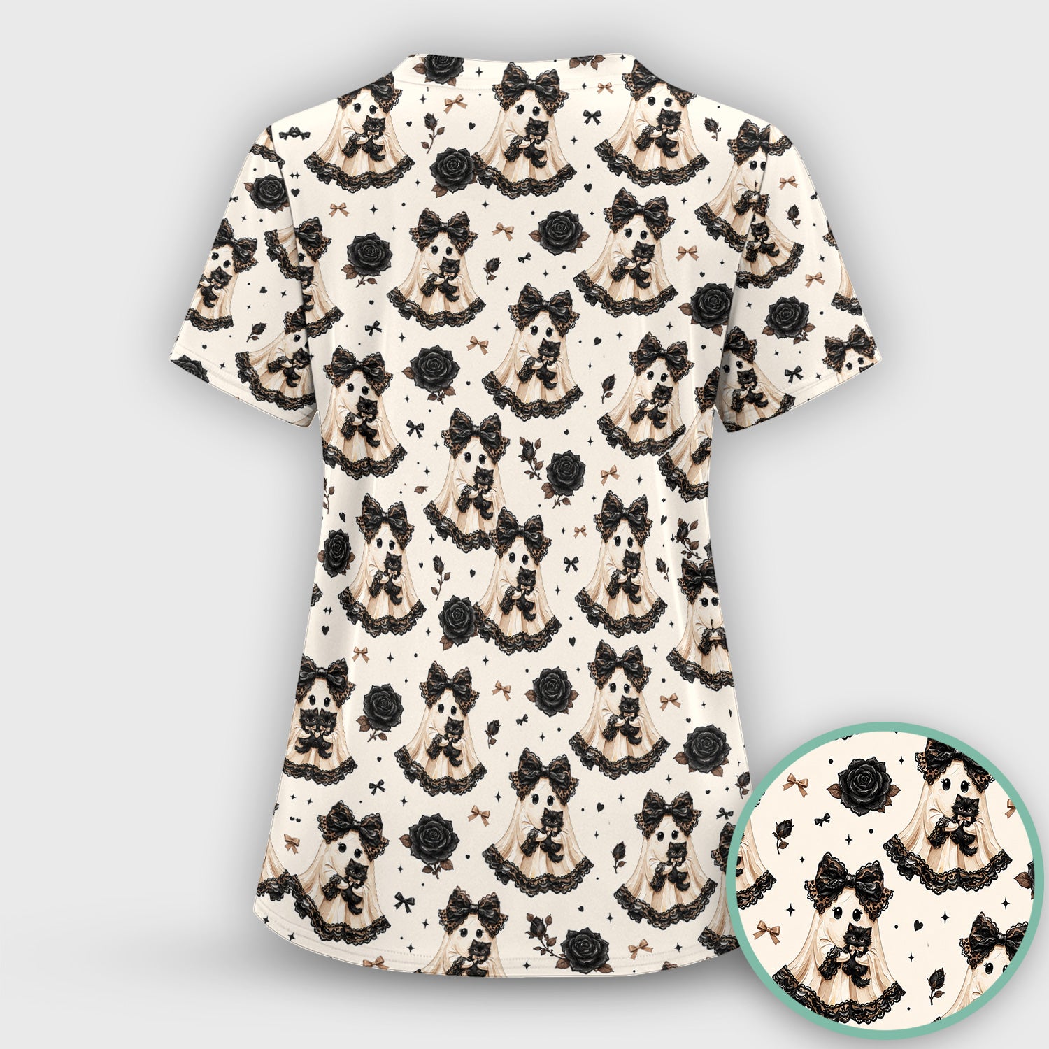 Halloween Ghost Black Cat Pattern Scrub Set, Scrub Pants and V Neck Top