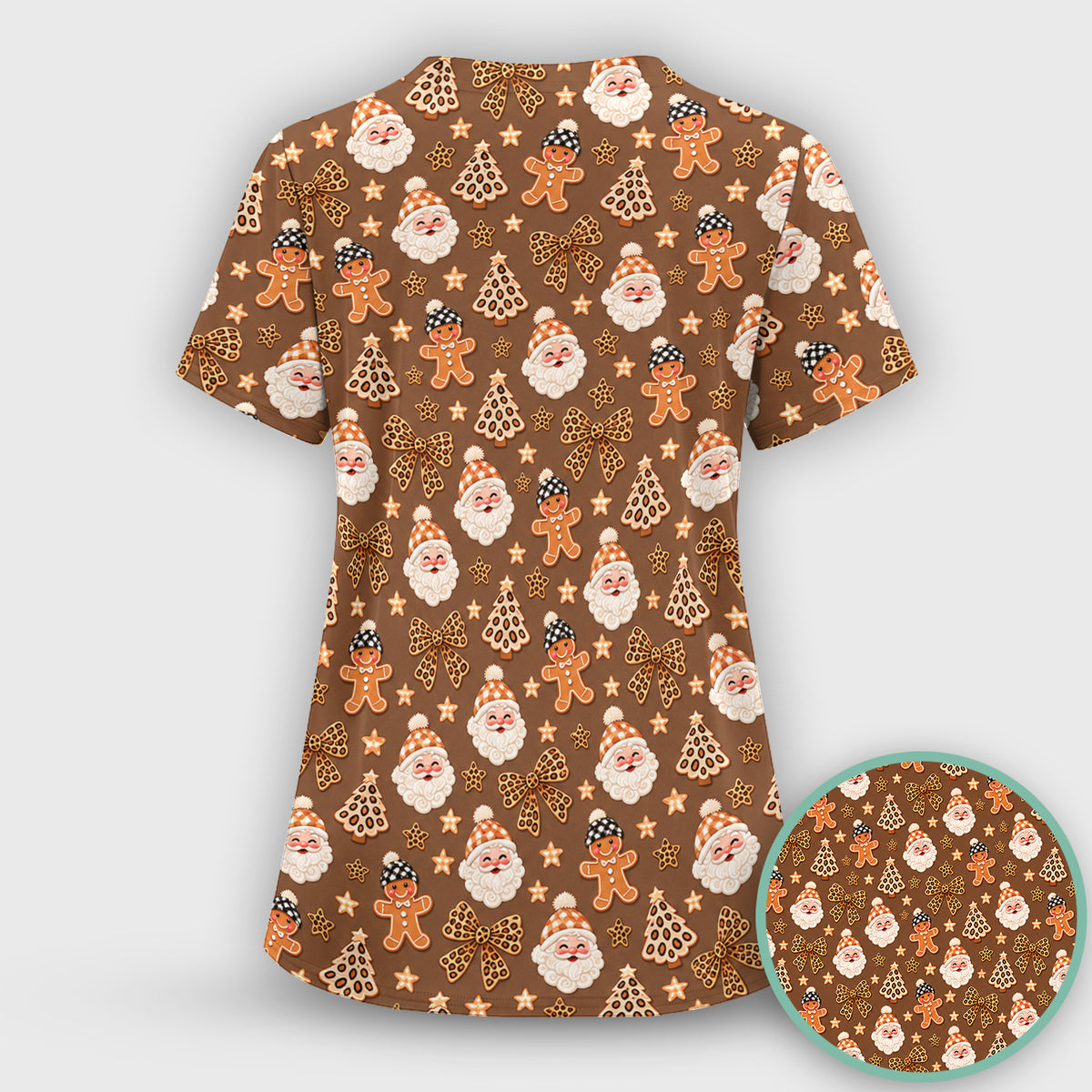 Funny Christmas Cat Baking Biscuits Pattern Scrub Set, Scrub Pants and V Neck Top