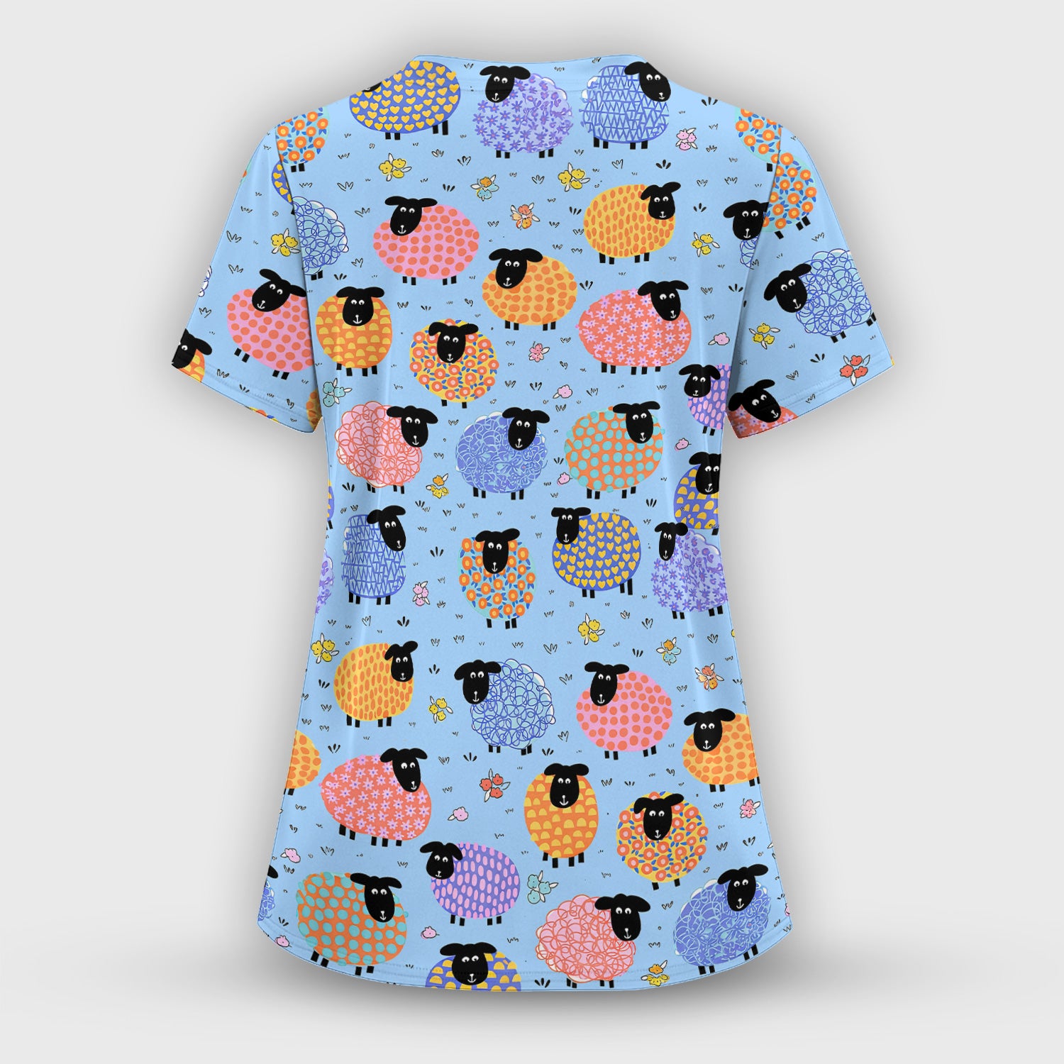Funny Colorful Sheep Pattern Scrub Set, Scrub Pants and V Neck Top