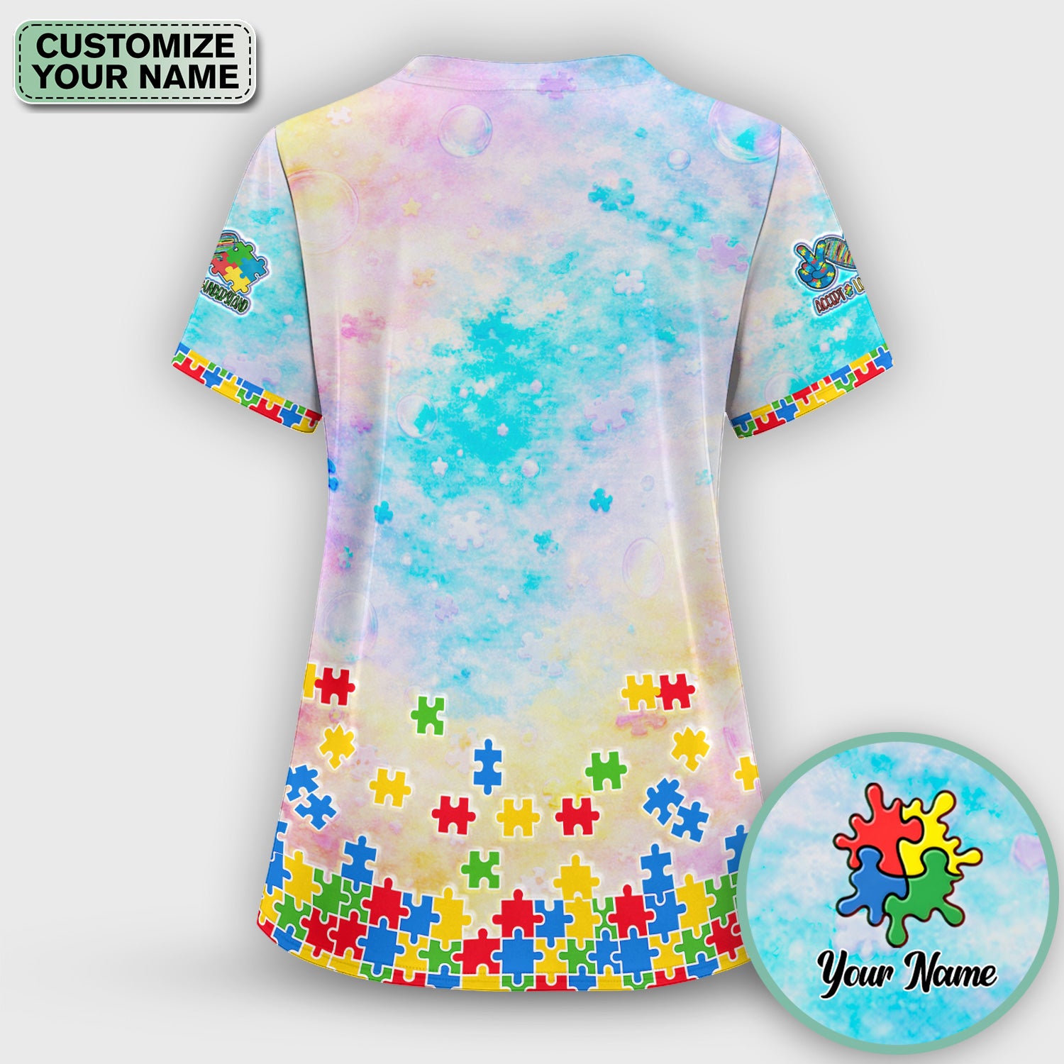 Personalized Inspirational Autism Awareness Nurse Puzzle Ribbon Pattern Scrub Set, Scrub Pants and V Neck Top