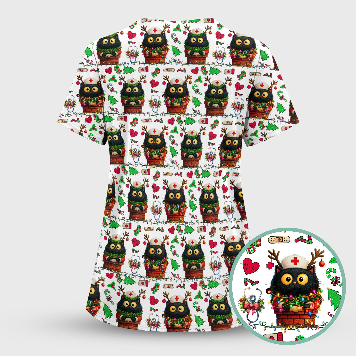 Christmas Black Cat Scrub Top for Nurse - Cute Reindeer Cat with Xmas Lights - Festive Holiday Medical Uniform for Women
