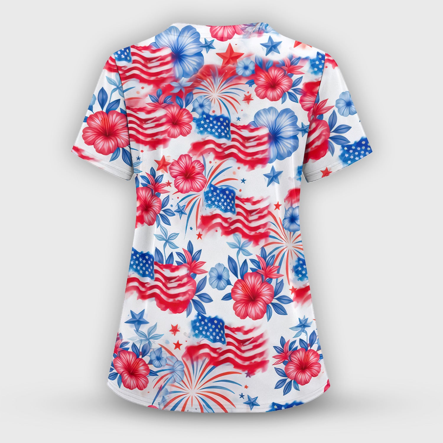 Patriotic American Flag Floral Pattern Scrub Top, Comfortable Scrubs for Nurses