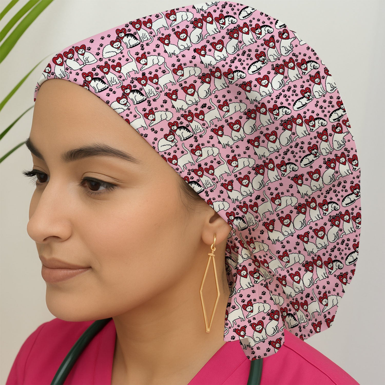 Cute Cat Heart Pattern Scrub Cap, Funny Cat Scrub Hat For Nurses, Breathable Fabrics Nursing Uniform