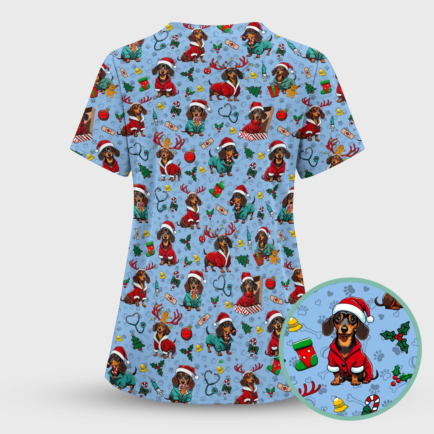 Christmas Dachshund Scrubs for Nurses - Cute Sausage Dog Holiday Scrub Top - Funny Reindeer & Santa Medical Shirt for Women