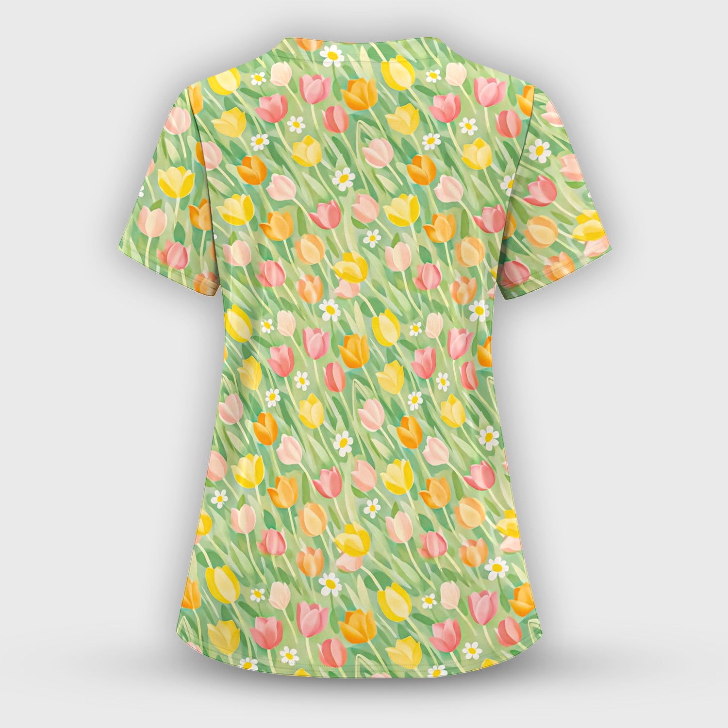 Cheerful Tulip Meadow Print Scrub Set, Women's Scrub Sets