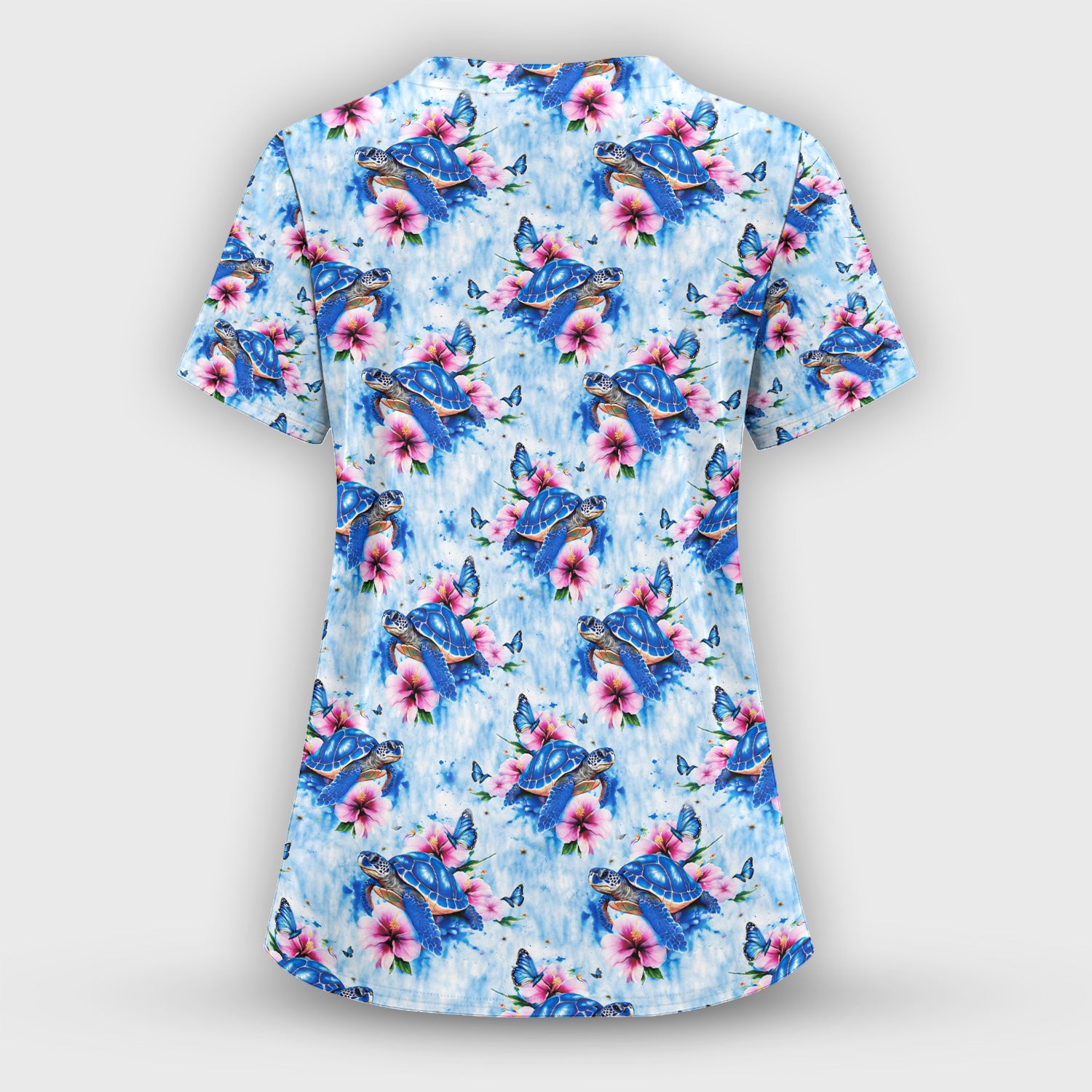 Blue Sea Turtle Hibiscus Butterfly Print Scrub Set, Scrub Pants and V Neck Top