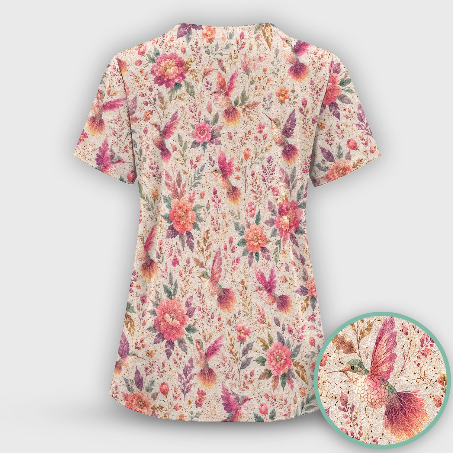 Hummingbird Floral Garden Pattern Scrub Set, Scrub Pants and V Neck Top