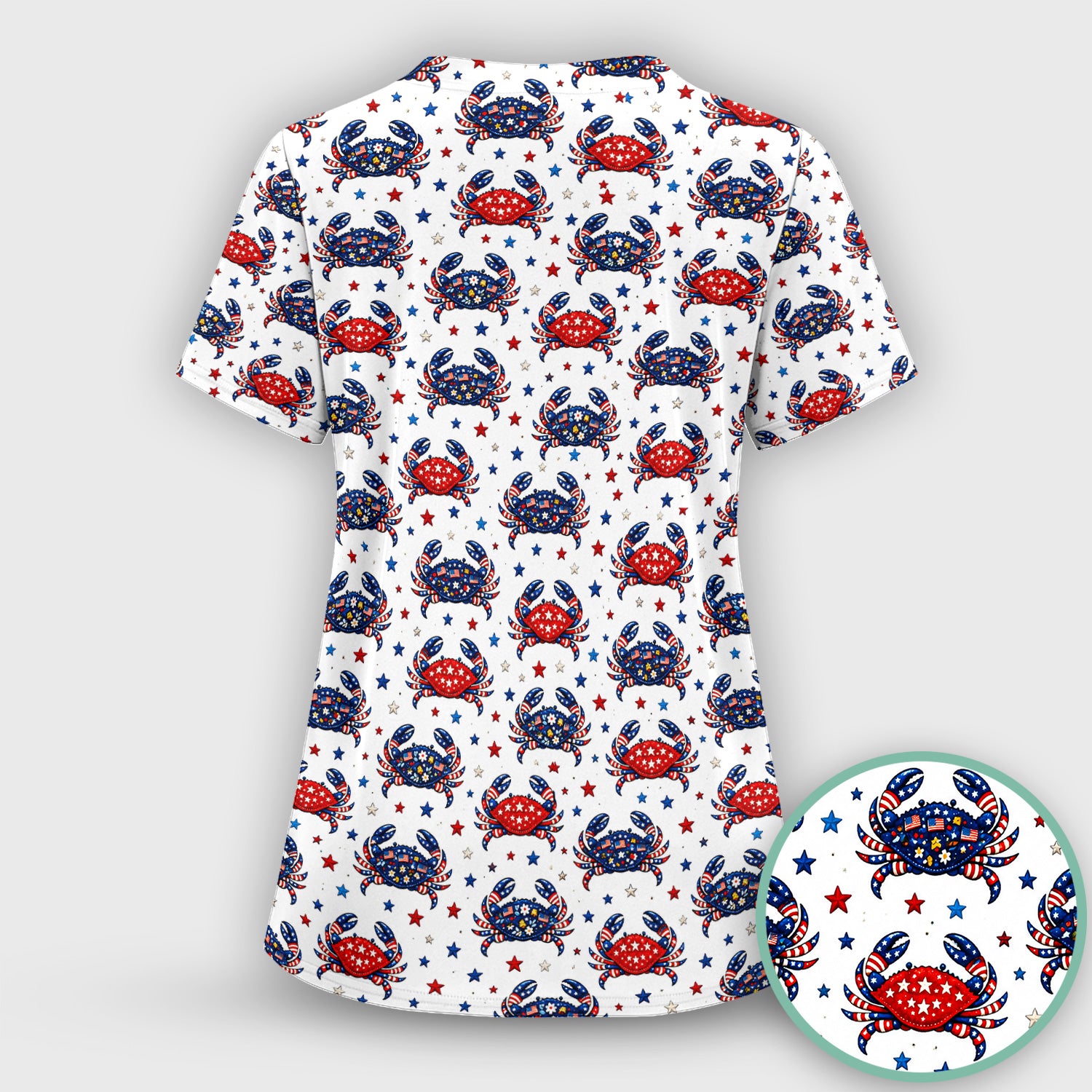 Patriotic Crab Stars Pattern Scrub Top, Comfortable Scrubs for Nurses