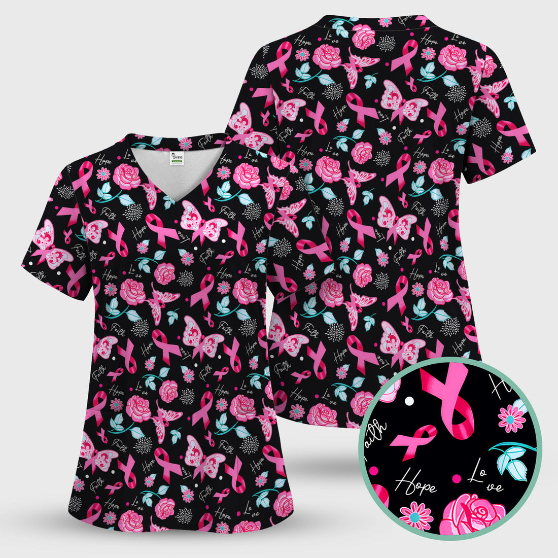Breast Cancer Awareness Scrub Top - Pink Ribbon Nurse Shirt with Flowers - Gift for Women RN CNA LPN