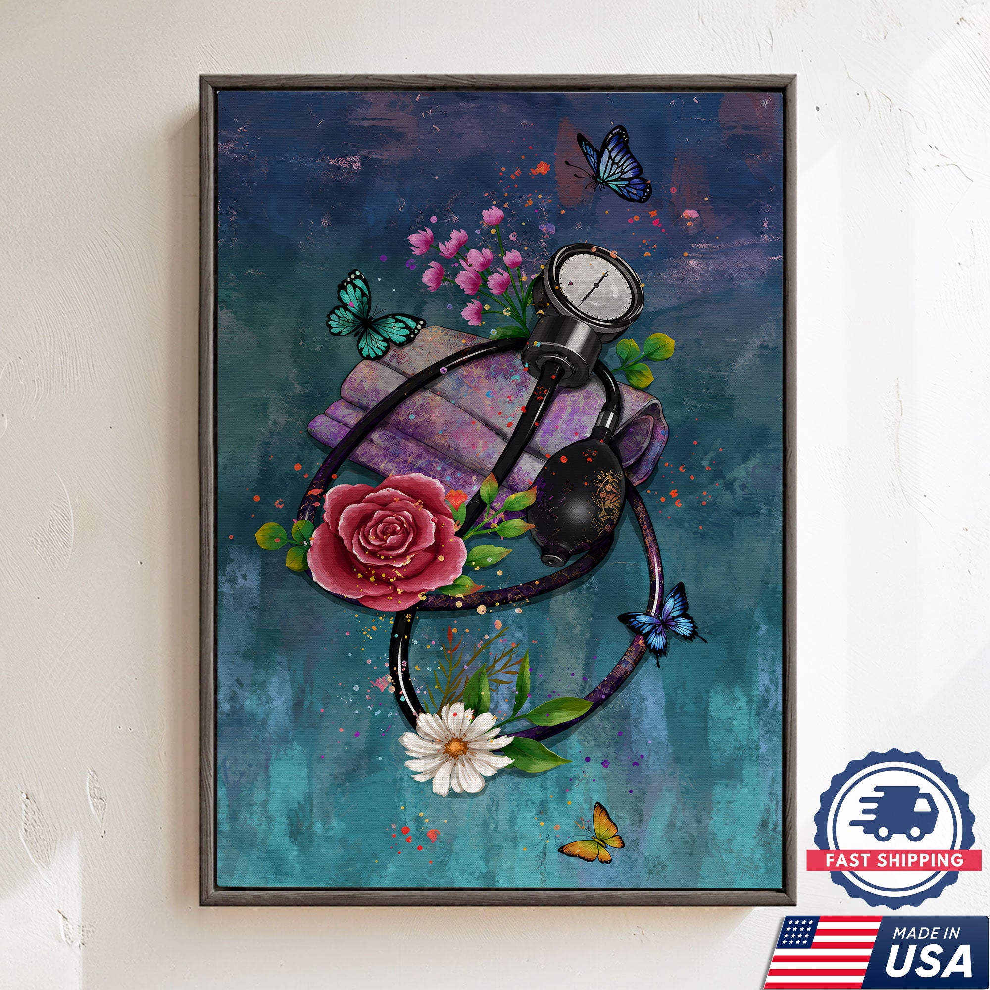 Butterfly Floral Stethoscope Nurse Canvas Wall Art for RN, CNA, Healthcare Office Decor