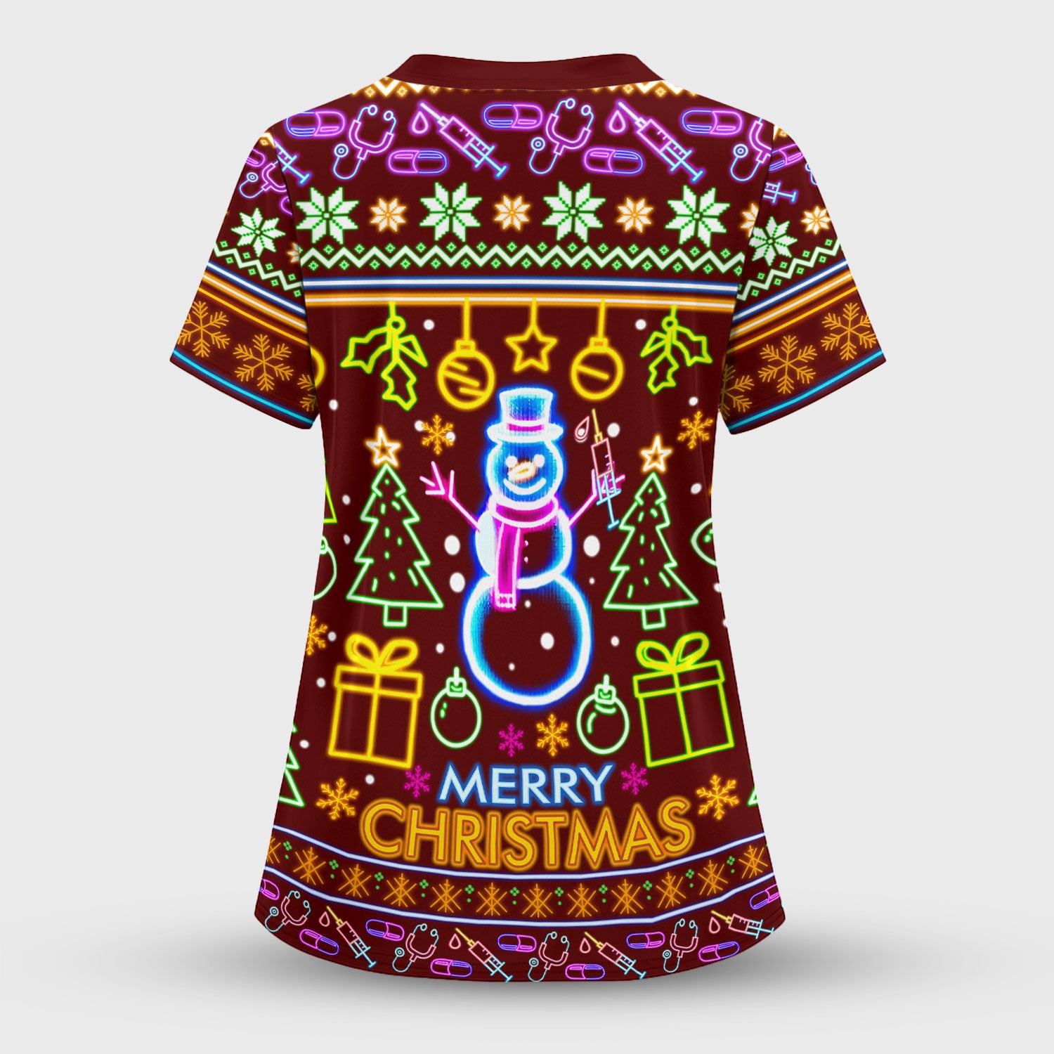 Neon Snowman Christmas Scrub Top for Nurses - Merry Christmas Holiday Lights Pattern - Funny Festive Medical Uniform for RN LPN CNA