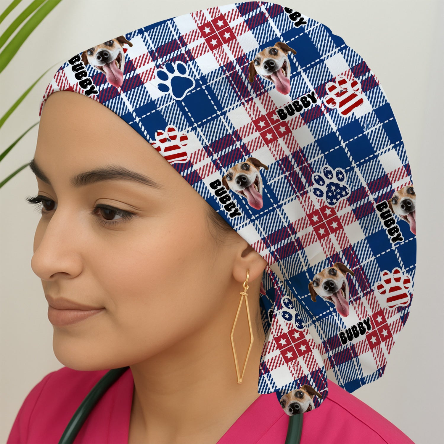 Custom Dog Face Scrub Cap, Patriotic Dog Plaid Pattern Shirt, Surgical Caps for Doctors