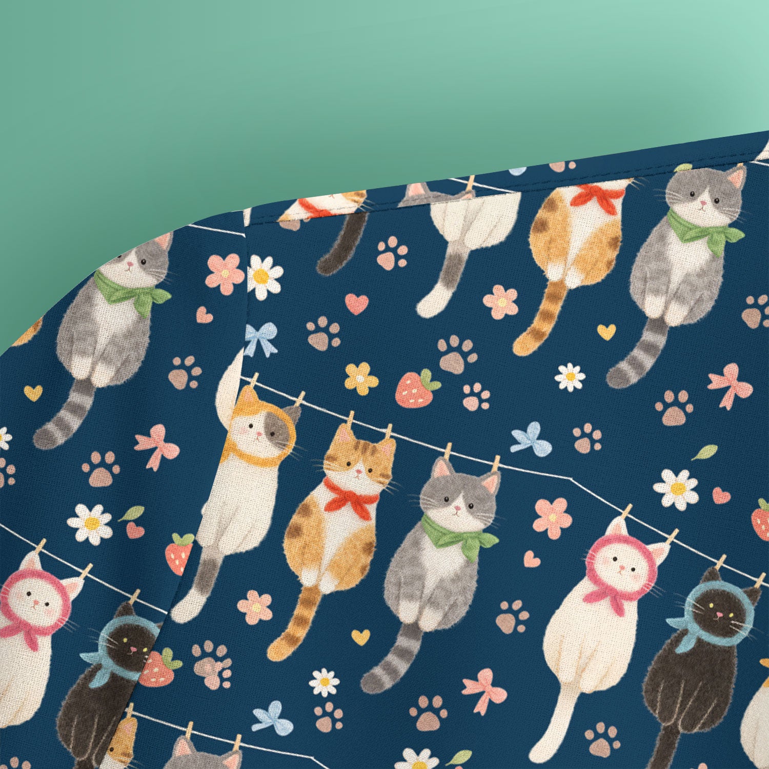 Cute Cat Clothesline Pattern Scrub Top, Comfortable Scrubs for Nurses