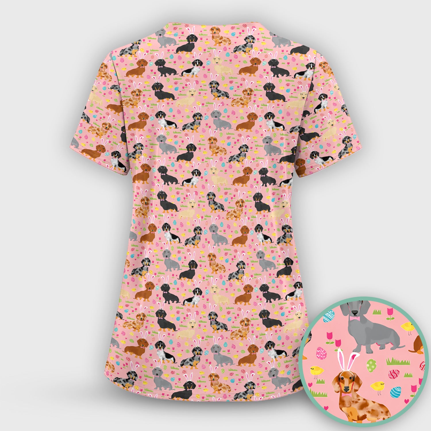 Easter Dachshund Dog Pattern Scrub Top, Comfortable Scrubs for Nurses