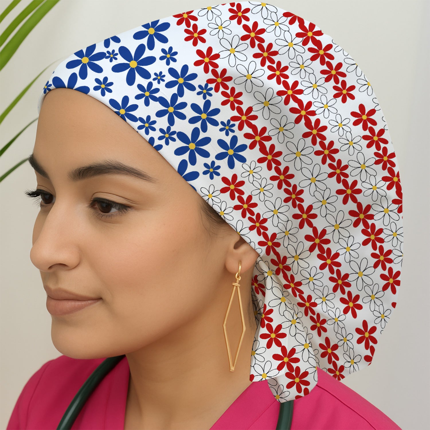 Retro Red Blue Daisy Stripe Pattern Scrub Cap, Surgical Caps for Doctors
