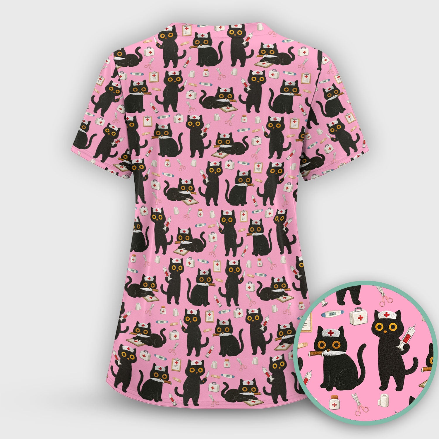 Cute Black Cat Nurse Pattern Women's Scrub Set, Breathable Med Uniform