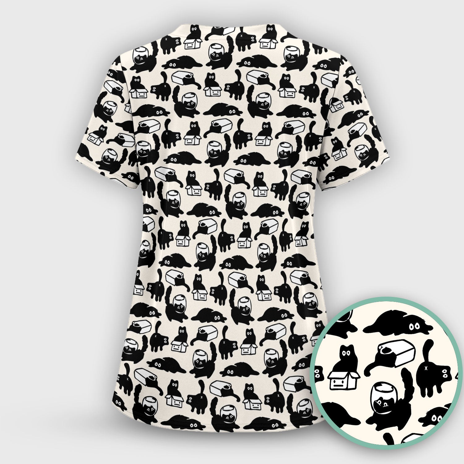 Dark Playful Cat Cartoon Pattern Scrub Top, Comfortable Scrubs for Nurses